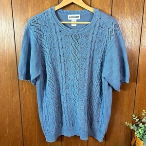 Vintage Alfred Dunner Blue Beaded Lace Knit Short Sleeve Knit Top Cottage Boho